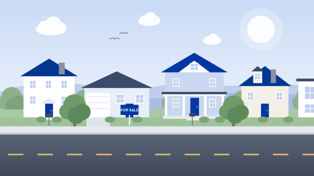 Illustration of a quiet suburban street with five houses, trees, and a For Sale sign in a front yard