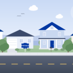 Illustration of a quiet suburban street with five houses, trees, and a For Sale sign in a front yard